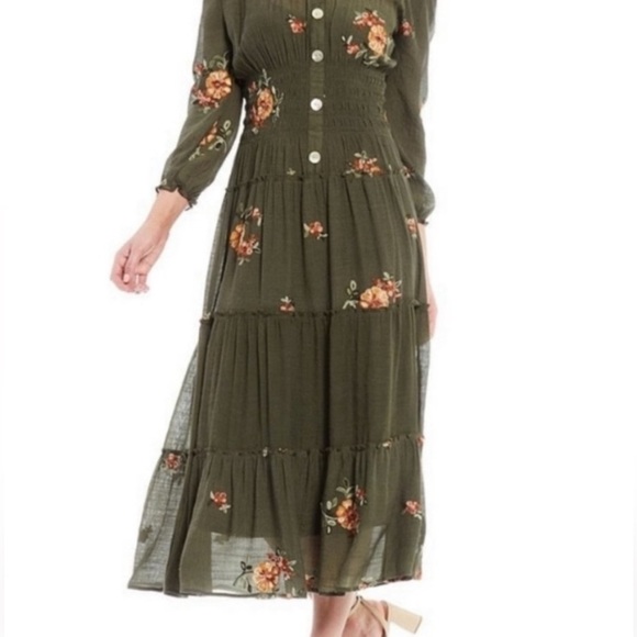 Fig and Flower Dark Green Floral Maxi Tiered Dress XL